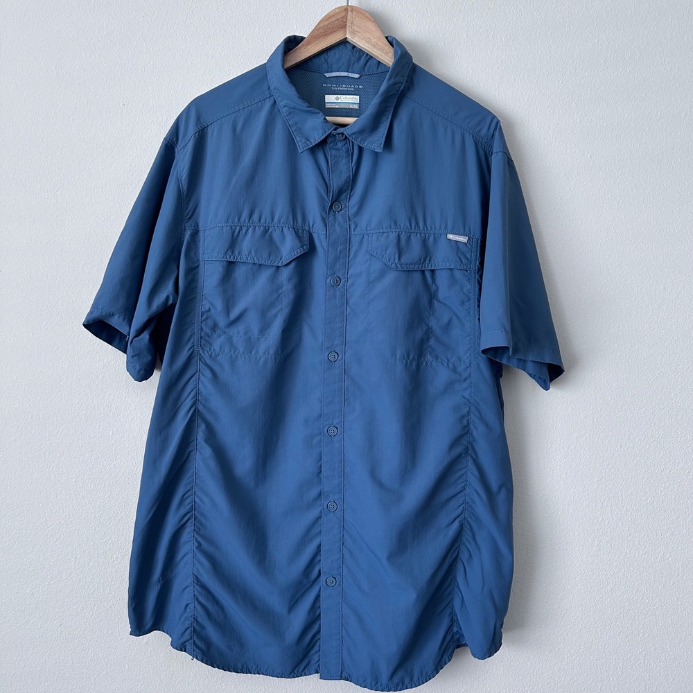 Columbia PFG Men XL Blue Short Sleeve Omni-Shade Fishing Shirt Ripstop Vent